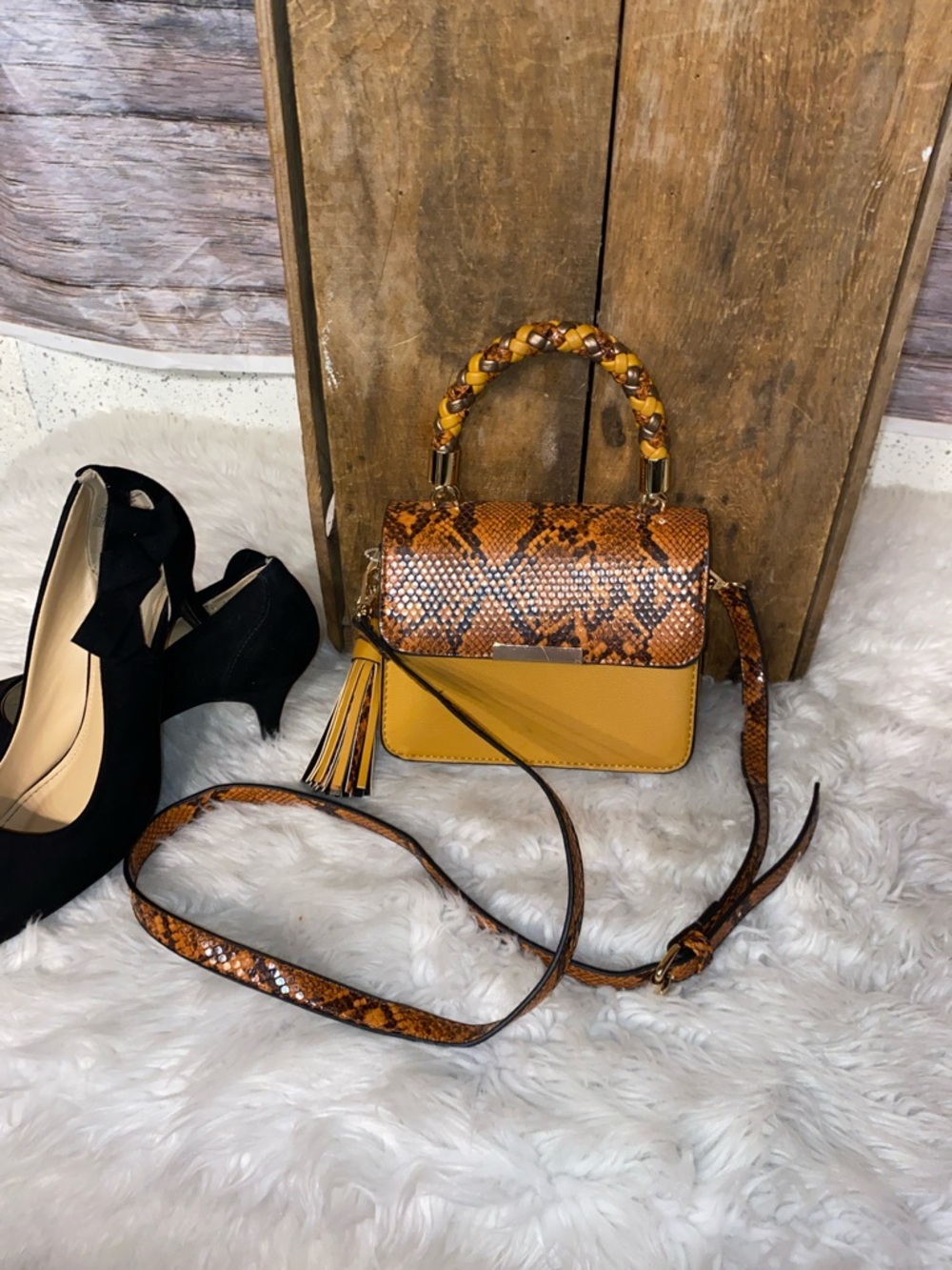 Mustard Snake-Print Top-Handle Crossbody Bag